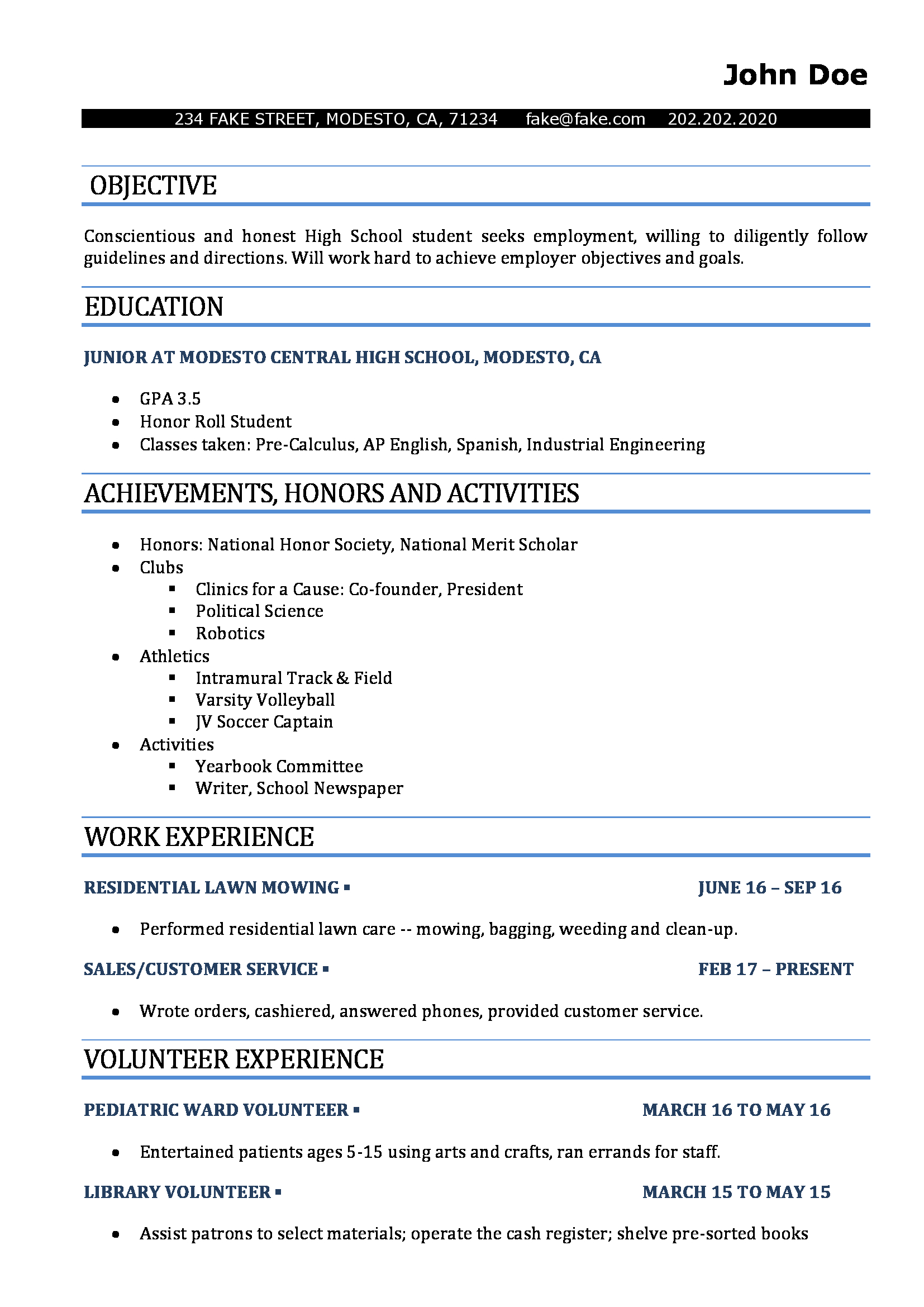 high school vocal application resume template