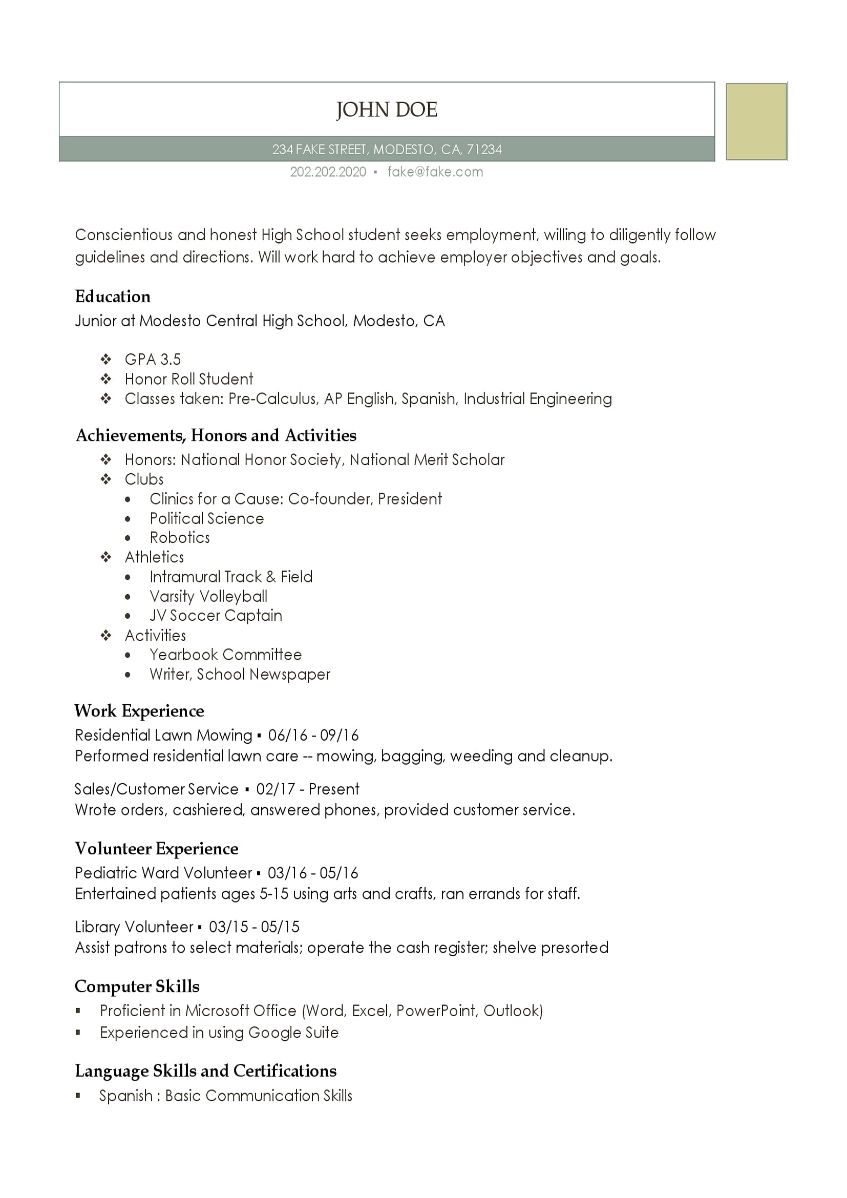 resume for high school student
